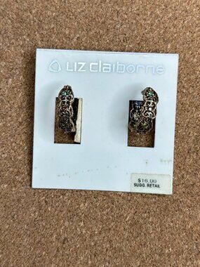 J-426 Liz Claiborne Gold-Tone Hoop Earrings W/ Intricate Design & Green Accents